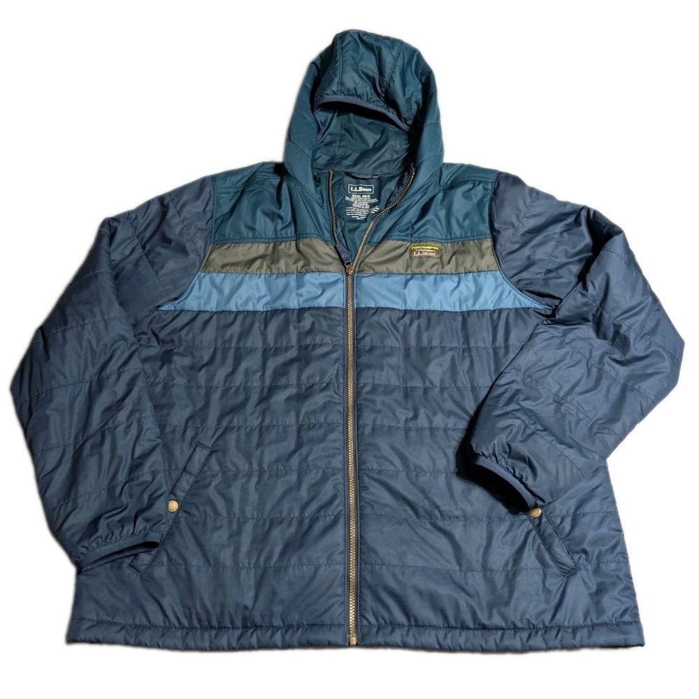 LL Bean Mountain Classic Puffer Jacket Mens 3XL Blue Colorblock Hooded Insulated